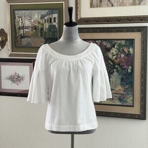 TRINA TURK White Cotton Eyelet Blouse w/ Short Bell Sleeves Size Small